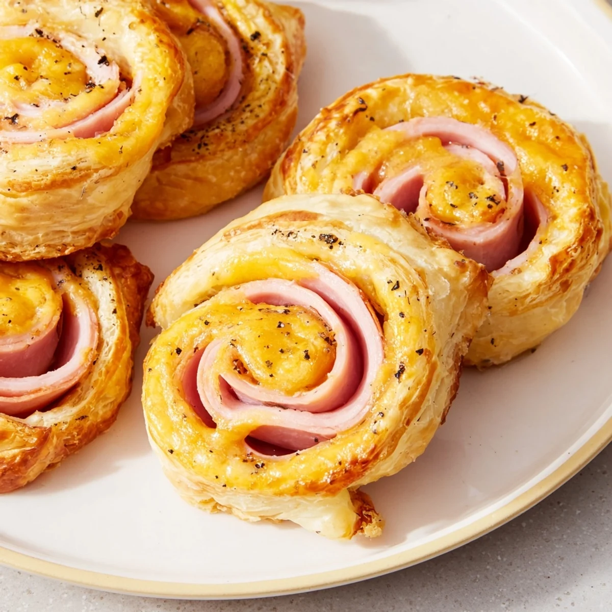 Perfectly baked, flaky Savory Ham and Cheese Pinwheel Rolls; a delightful finger food, ready to eat.