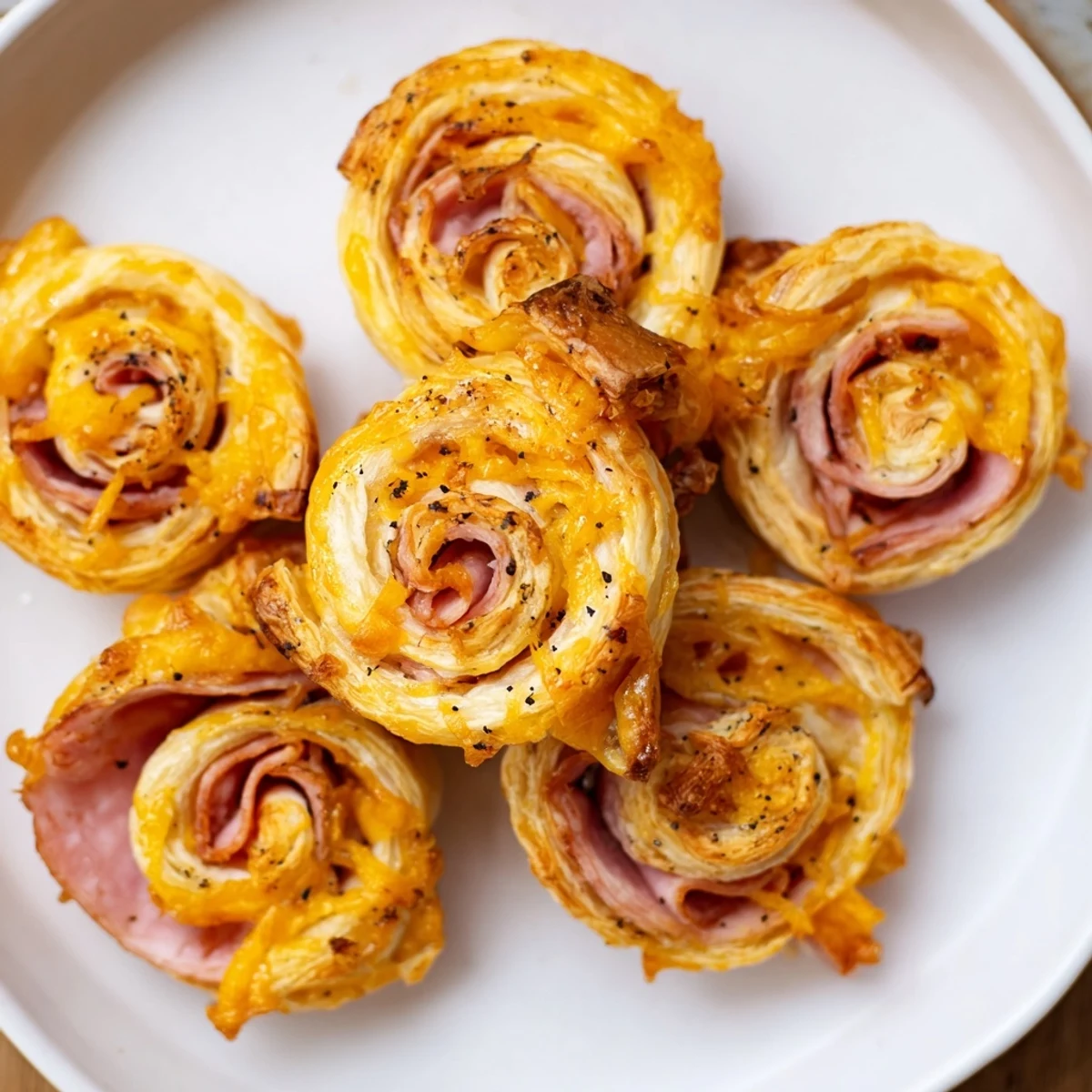 Golden Savory Ham and Cheese Pinwheel Rolls, baked to a crispy, delicious, appetizer.