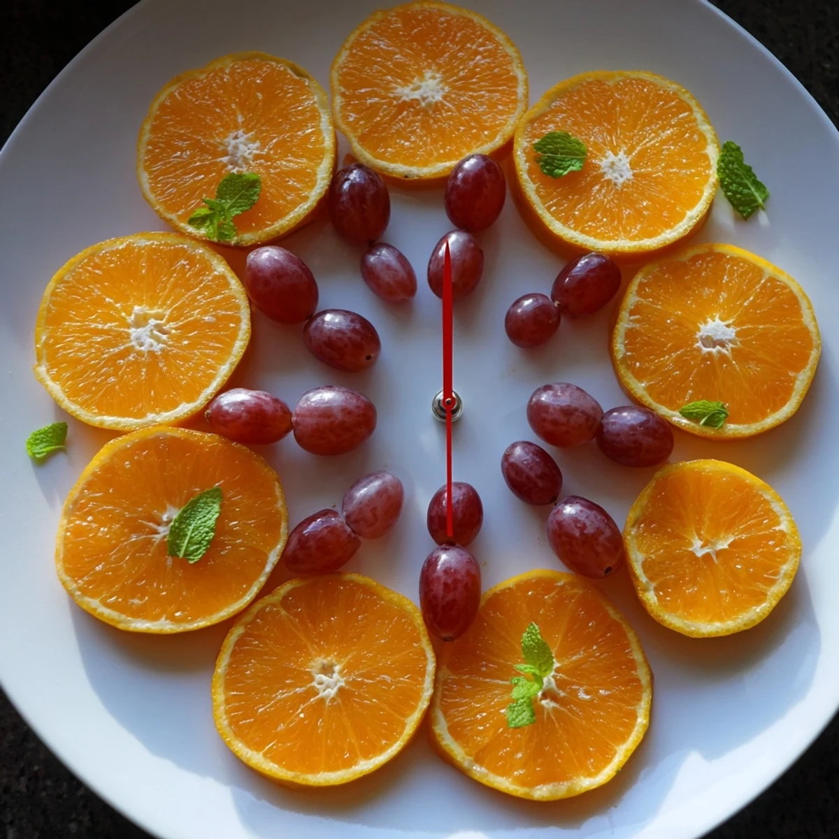 A colorful Grape and Orange Slice Clock Face, a cheerful fruit brunch with juicy orange slices.