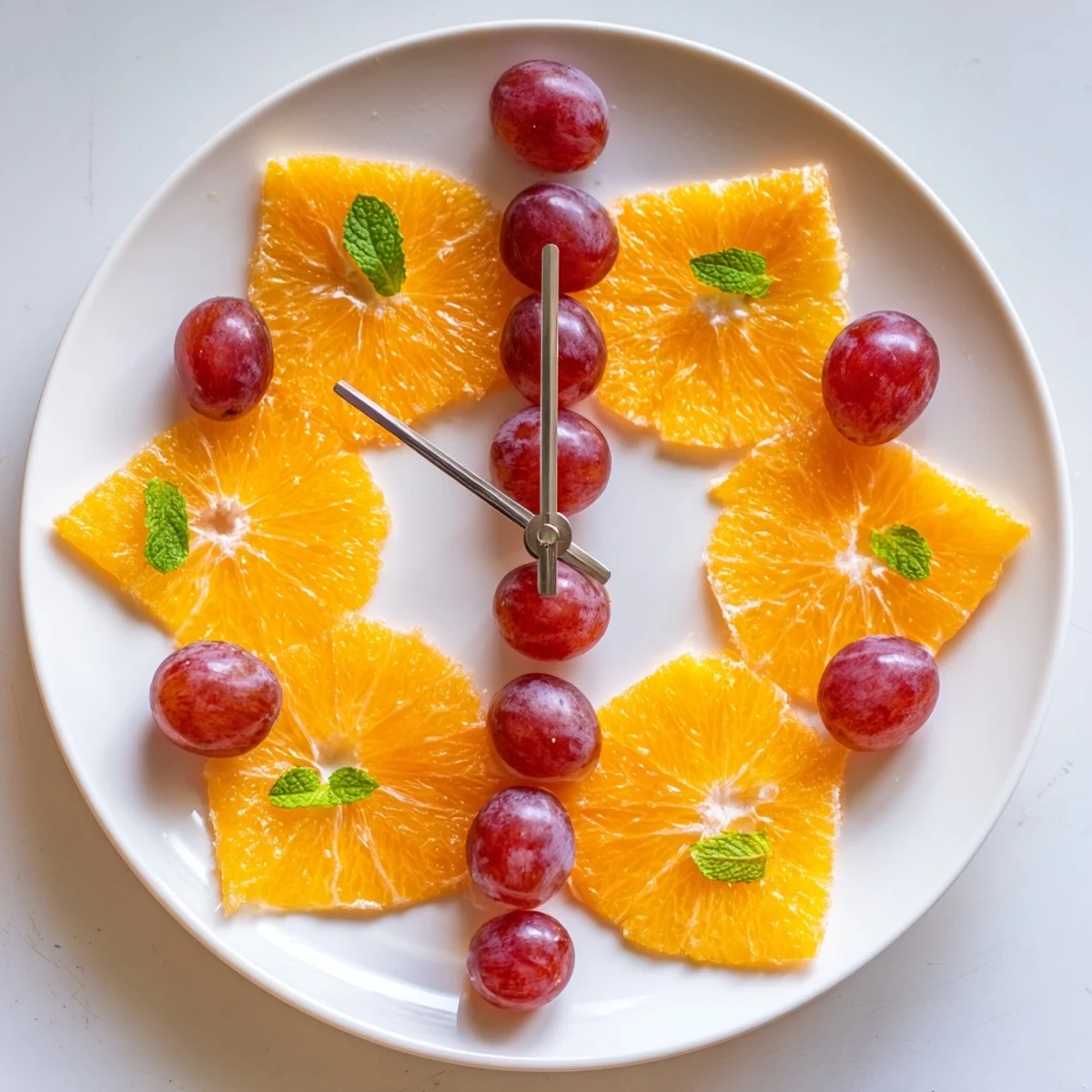 Vibrant arrangement of a Grape and Orange Slice Clock Face, perfect for a healthy brunch the whole family loves!