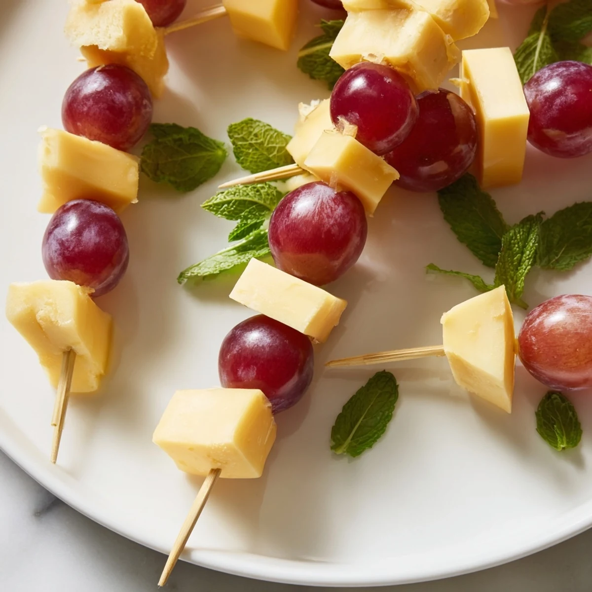 Freshly made cheese and grape skewers, a vibrant snack ready for your next party.
