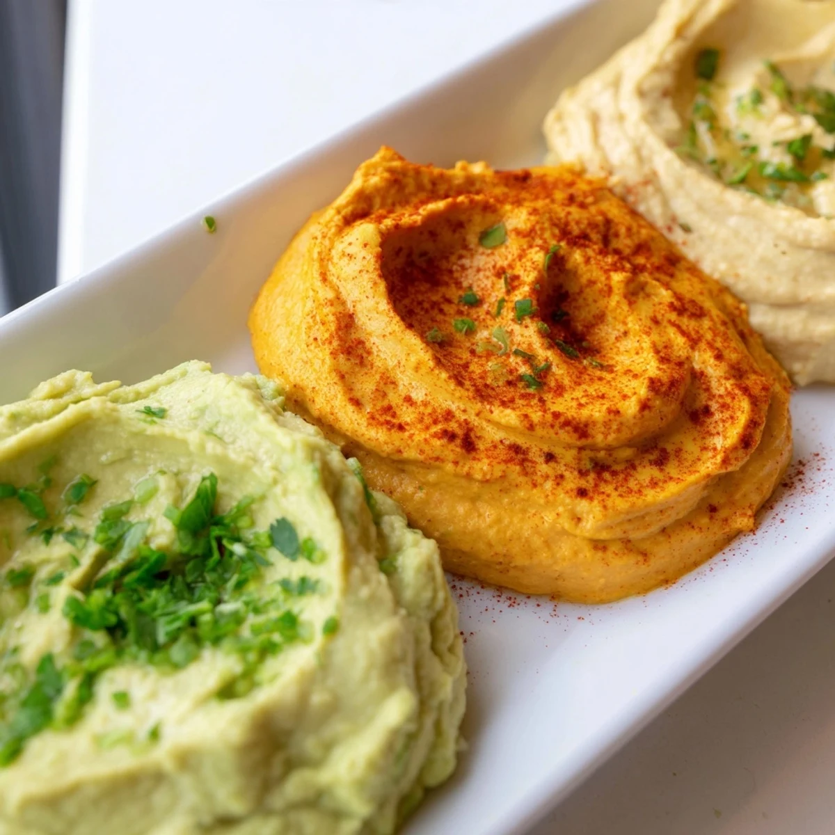 Vibrant Dip Trio: Creamy avocado, red pepper, and turmeric hummus dips ready to serve with crackers.