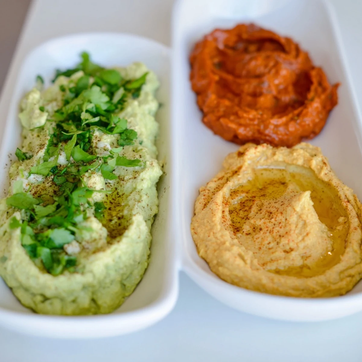Freshly made Dip Trio showcasing the beautiful colors and textures of each delicious dip.