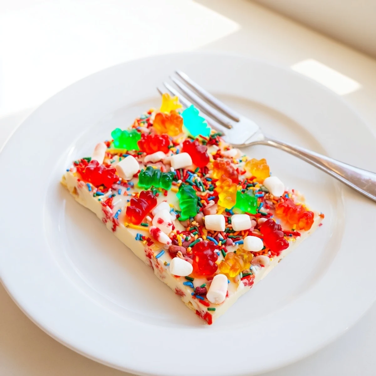 Crisp shards of white chocolate studded with gummy bears and candy canes, ready to enjoy.