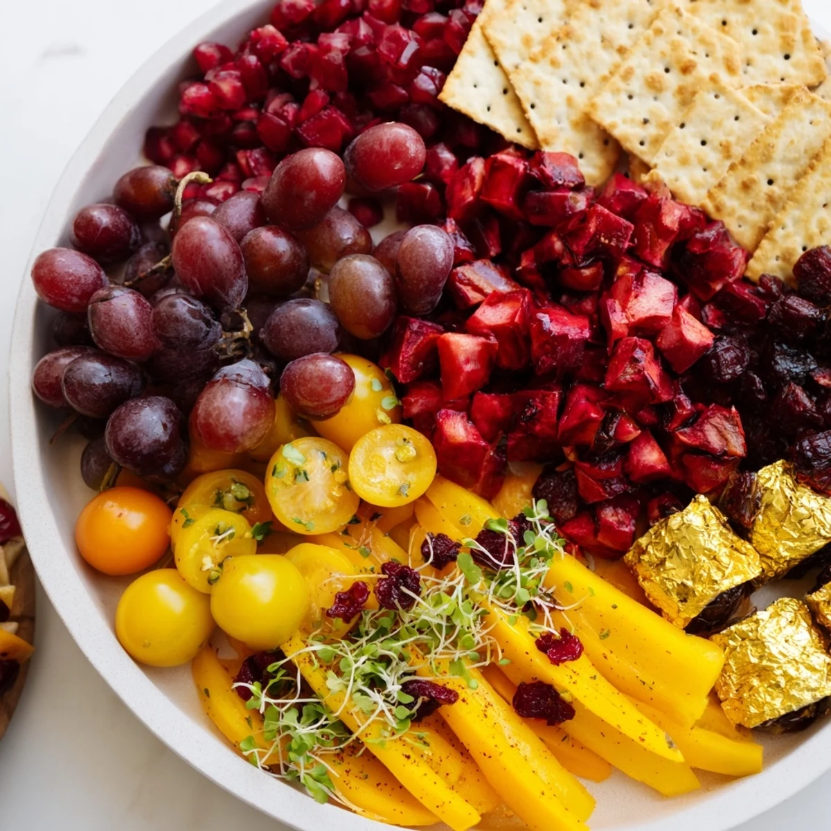 Crimson & Gold Gala appetizer platter: vivid red cherries and cheese alongside golden roasted peppers.