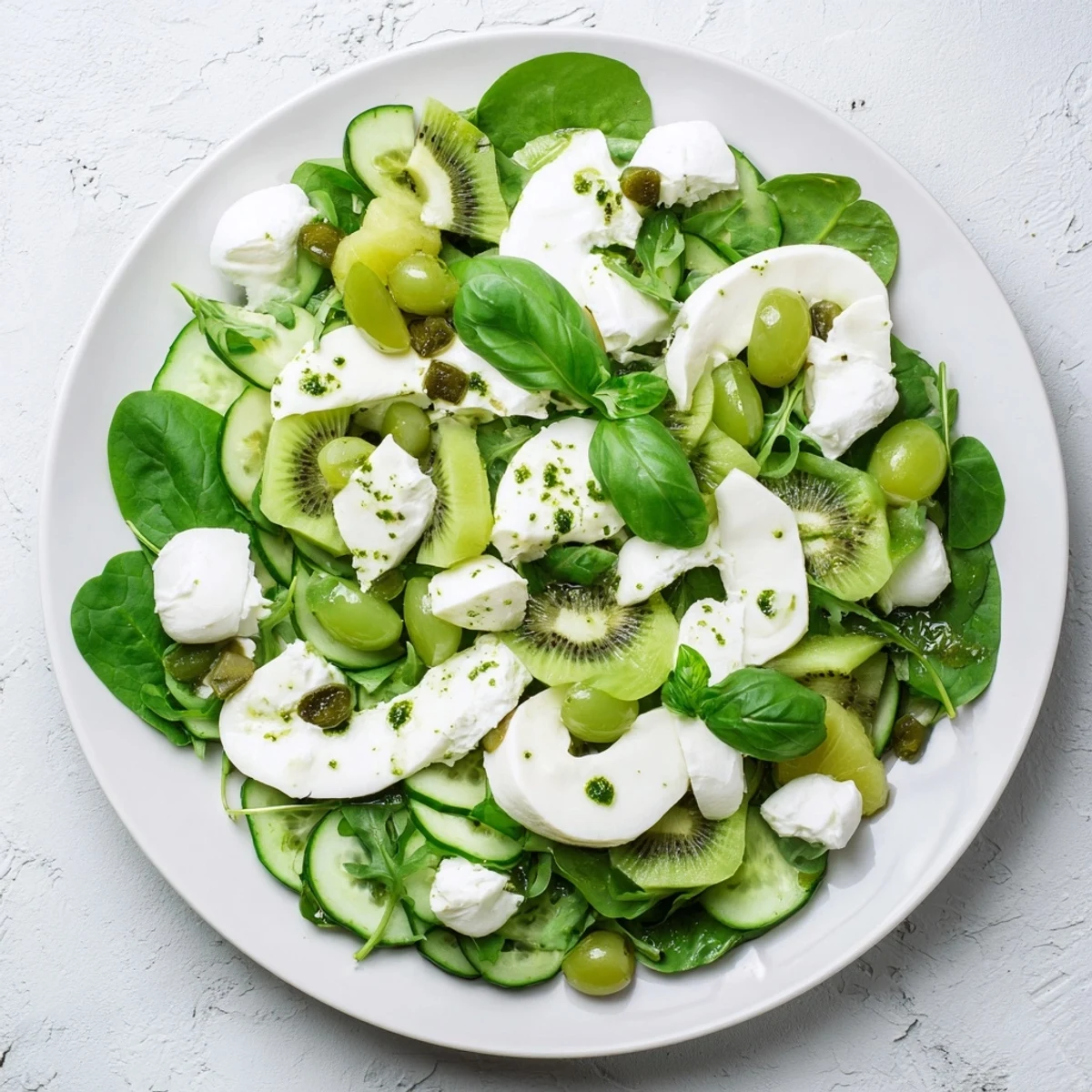 Emerald Isle Greenscape salad with creamy mozzarella river, a beautiful green vegetarian dish.