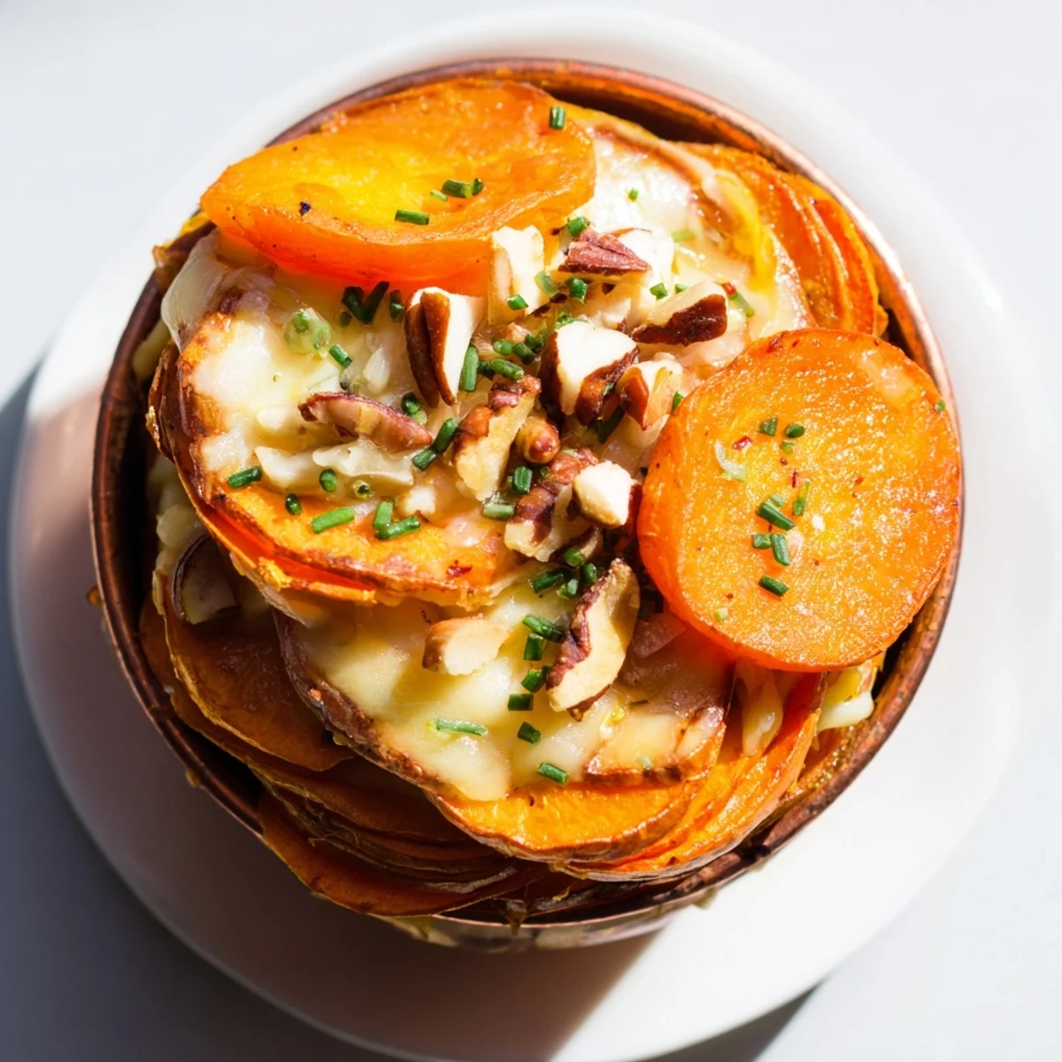 Copper Penny Warmth appetizer with golden cheddar, roasted sweet potatoes, and toasted pecans.