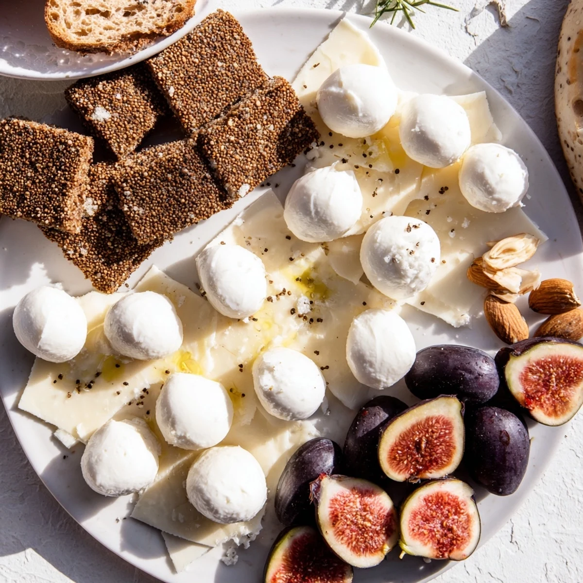 Black and White Formal Affair appetizer platter: olives, mozzarella, and sesame seeds create a striking appetizer.