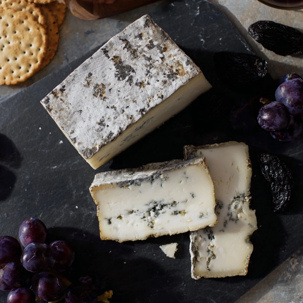 A beautifully arranged monochrome gray stone cheese board featuring ash-rinded cheeses and dark fruits.