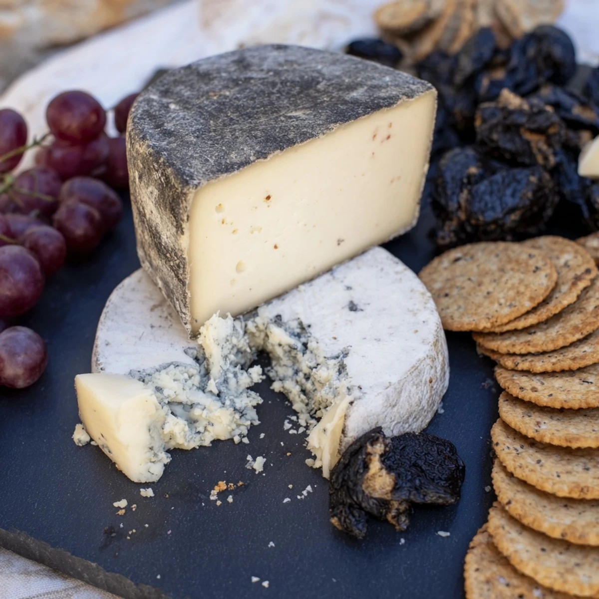 This elegant monochrome cheese board showcases the gray hues, with Morbier and black olive tapenade.