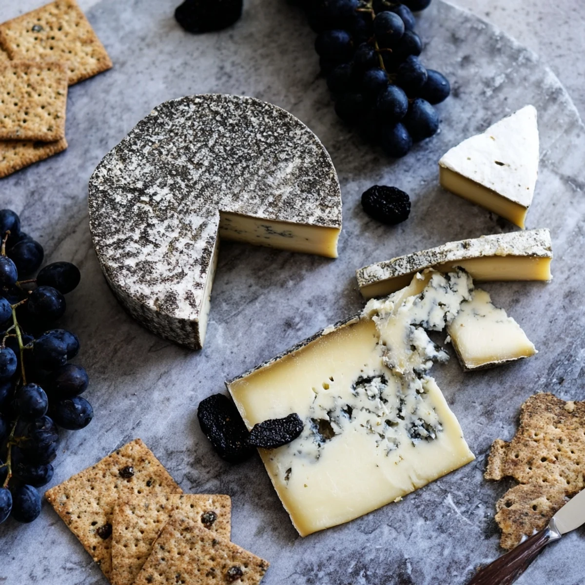 Serving this monochrome gray stone cheese board with dark grapes, crackers and smoky pinot noir wine.