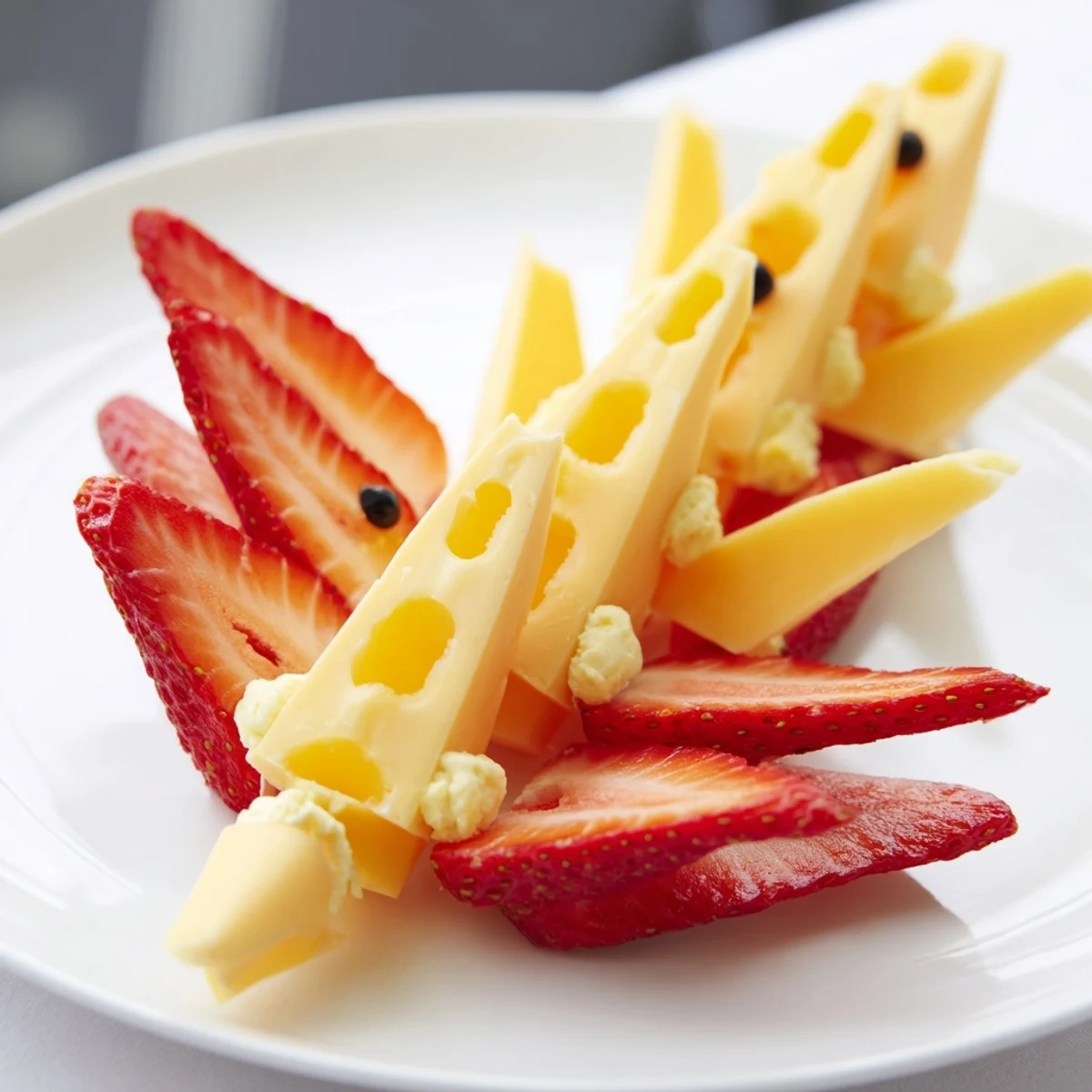 Retro Rocket cheese and strawberry platter creating a fun, kid-friendly rocket ship shape with food.