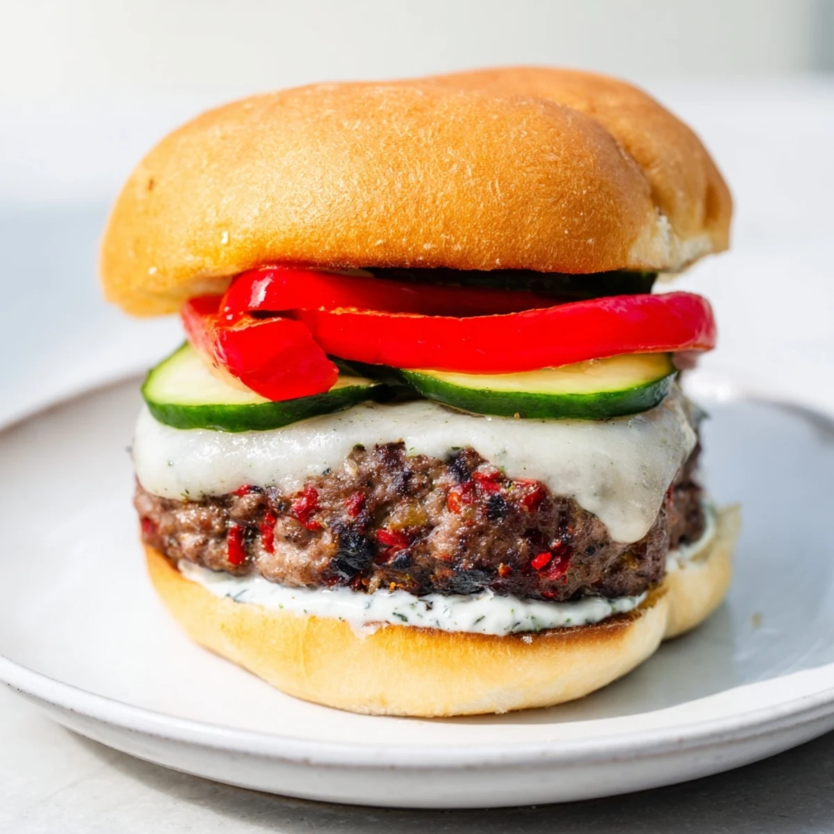 Juicy Fire & Ice Burger, topped with melted pepper-jack and refreshing cucumber, ready to serve.