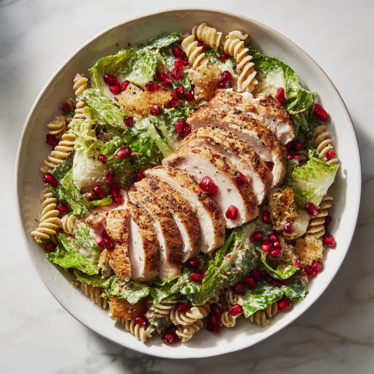 Golden chicken nestled in Chicken Caesar Pasta, with vibrant pomegranate and a savory, creamy dressing.