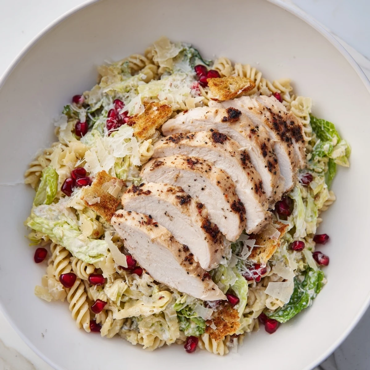Creamy Chicken Caesar Pasta with pomegranate, bursting with fresh flavors, topped with ruby-red jewels.