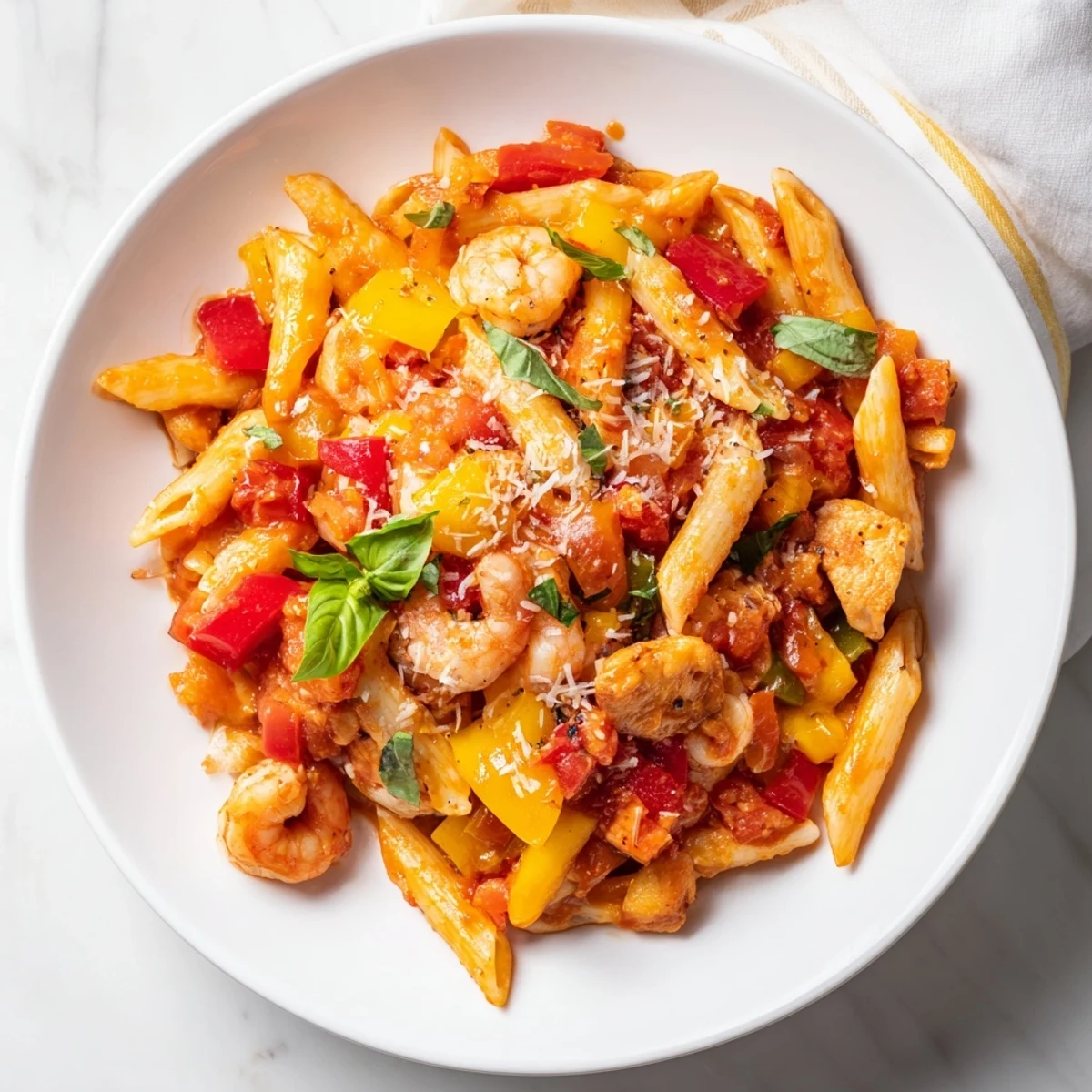 One-Pot Diavola Pasta with shrimp, a fiery dish, features shrimp and chicken in a rich tomato sauce.