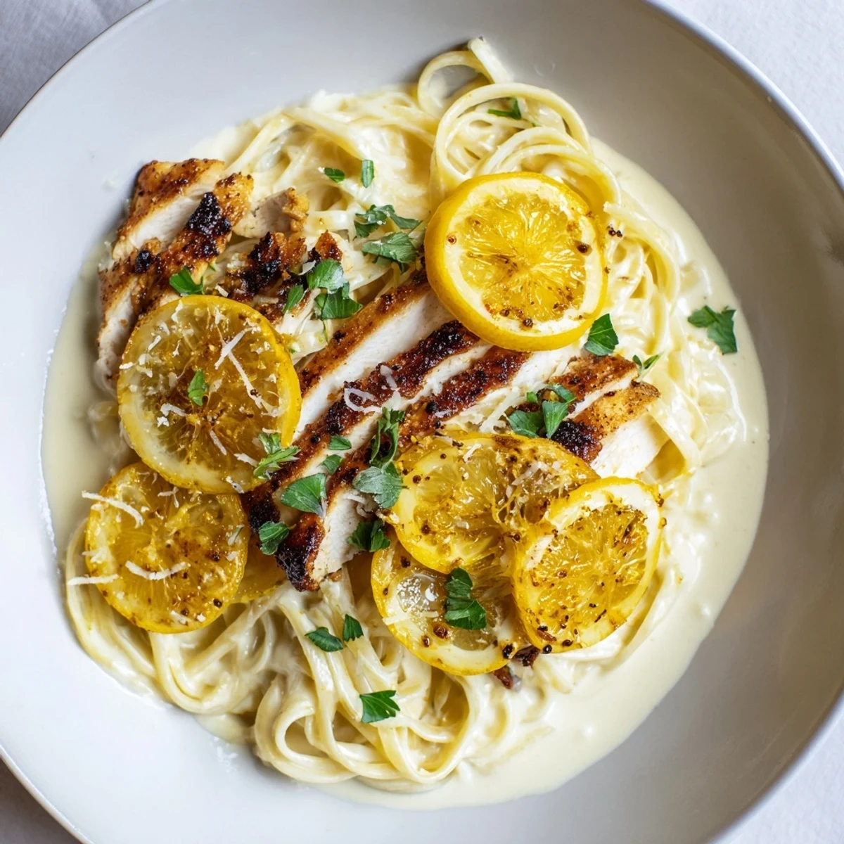 Pasta with Lemon Brûlée Chicken, a creamy and bright dish with golden caramelized chicken.