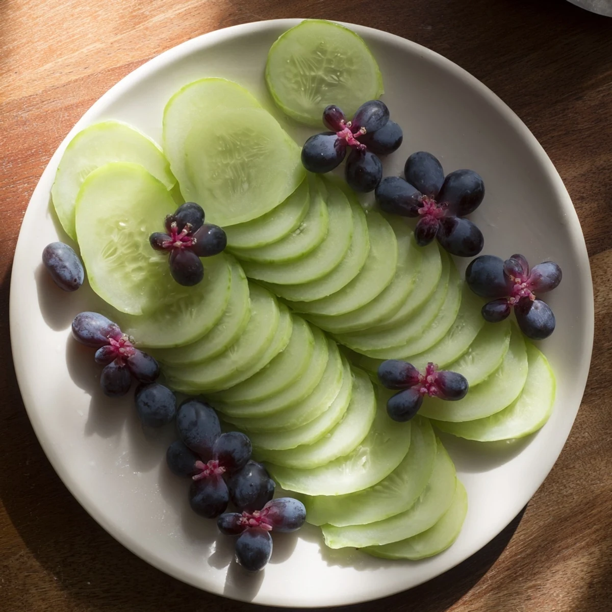 A beautiful platter showcases a fresh Peacock Tail, with colorful grapes and cucumber slices perfectly arranged.