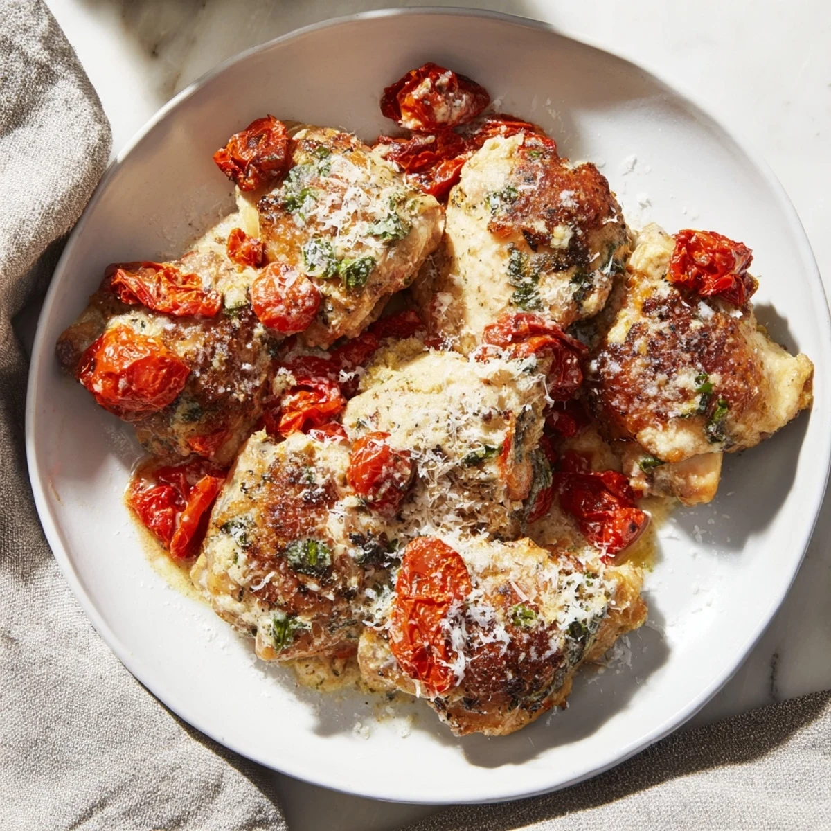 Golden seared Marry Me Chicken, blanketed in creamy tomato sauce, awaits a parmesan snow topping.