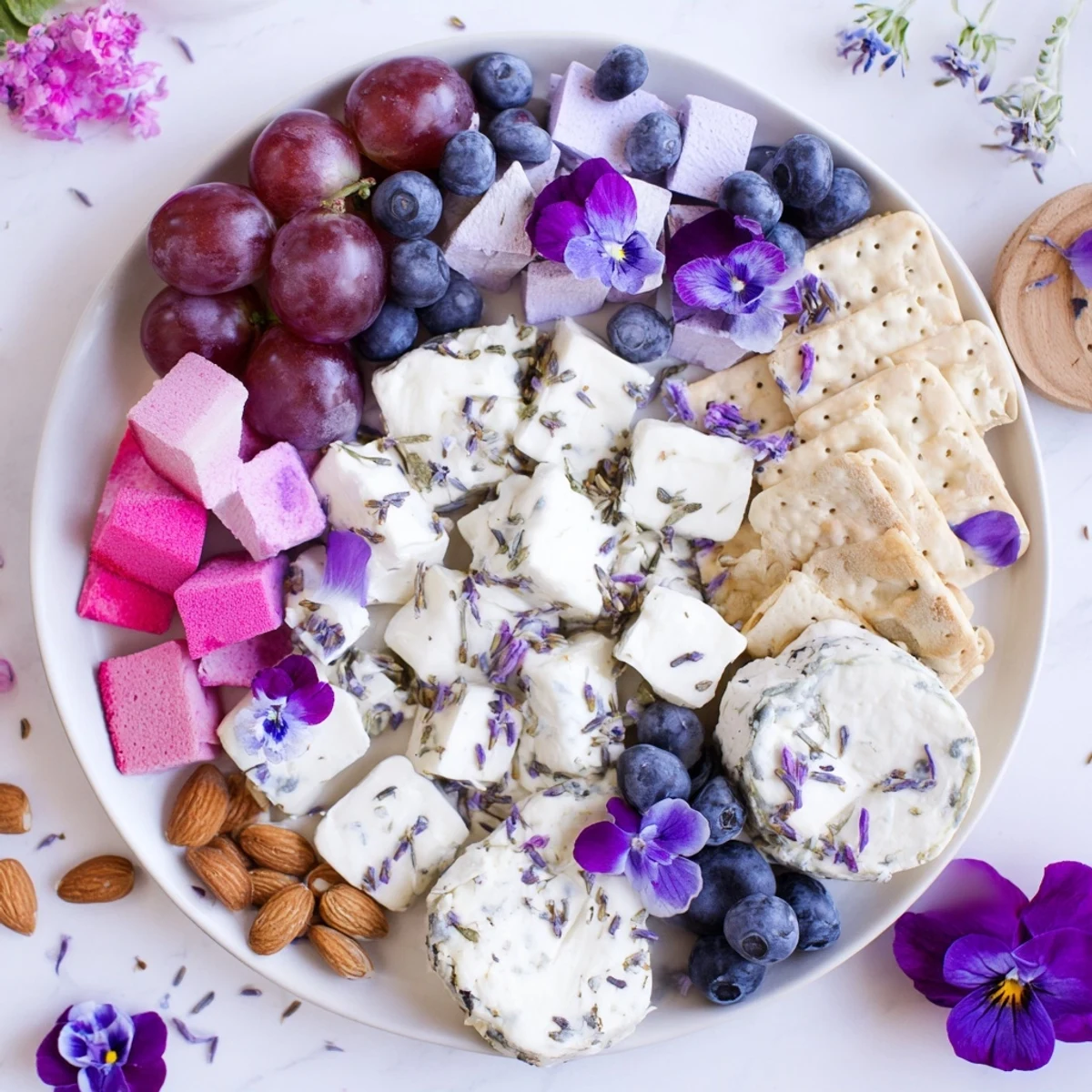 Indulge in this gorgeous Lavender Haze Dreamscape, a cheese board with lavender goat cheese, fruit, and honey.