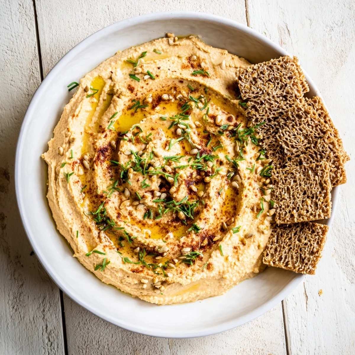 The Sandstone Canyon appetizer: creamy hummus layers with savory crackers, offering a textural Mediterranean display.