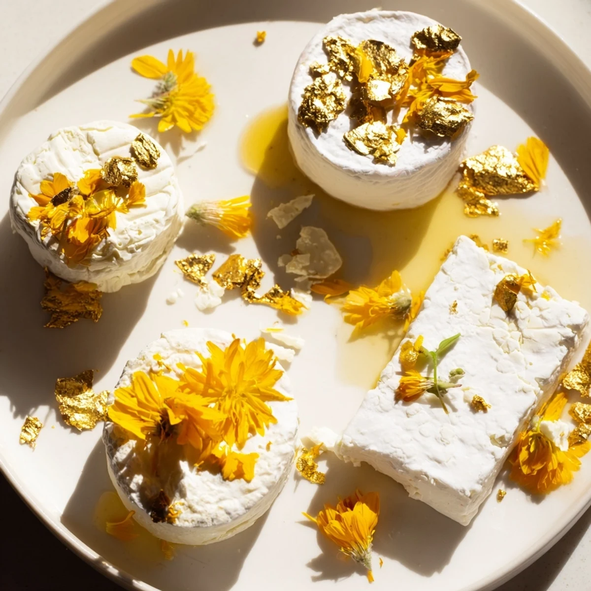 Luxurious Gilded Lily cheese platter, with edible gold leaf and bright flower petals, ready to serve.