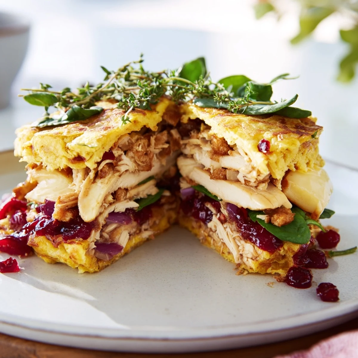 Warm, melty Chicken and Brie Holiday Wrap with cranberry sauce, ready to be sliced and enjoyed.