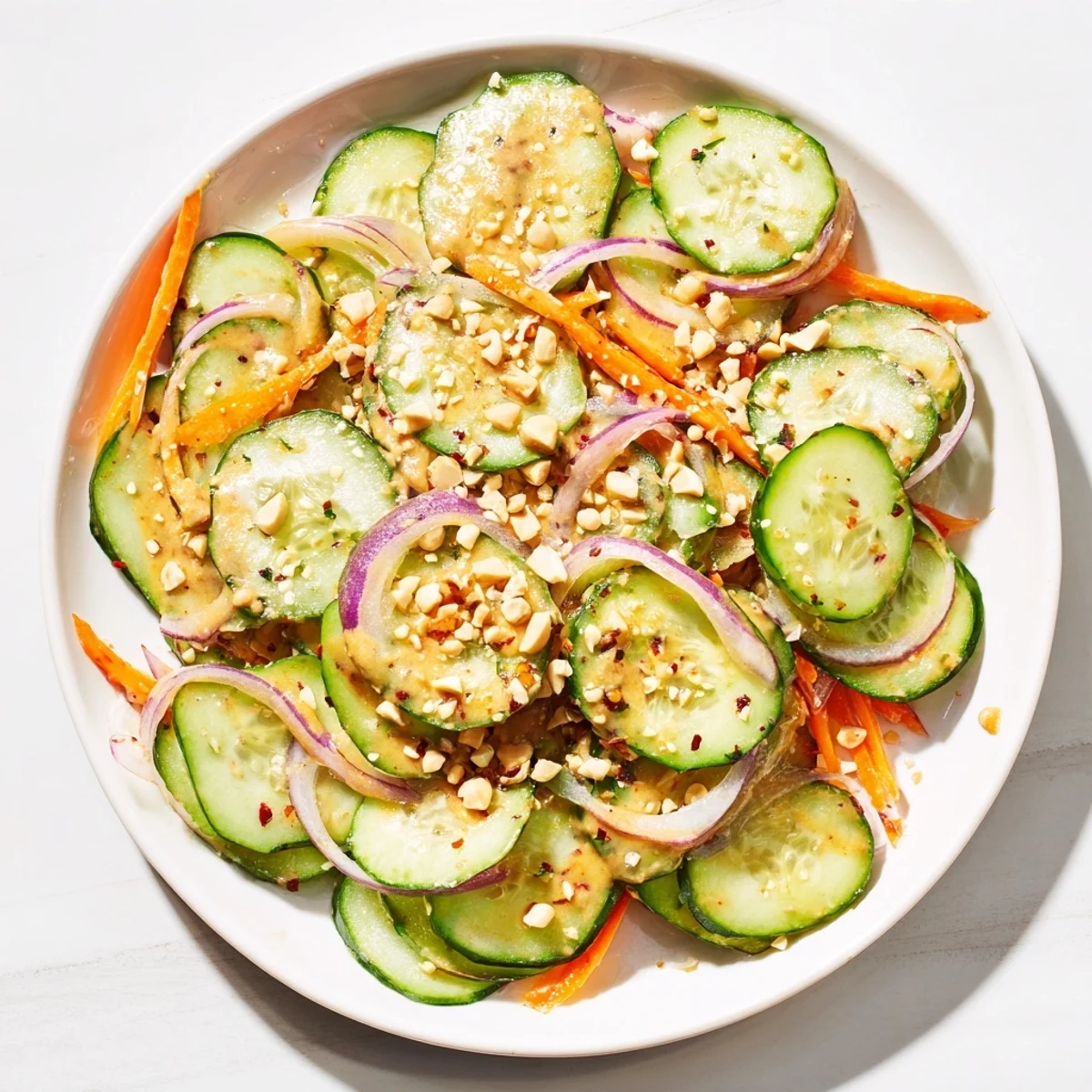 A bright, refreshing bowl of Thai-Style Peanut Cucumber Salad, showcasing vibrant vegetables and creamy dressing.