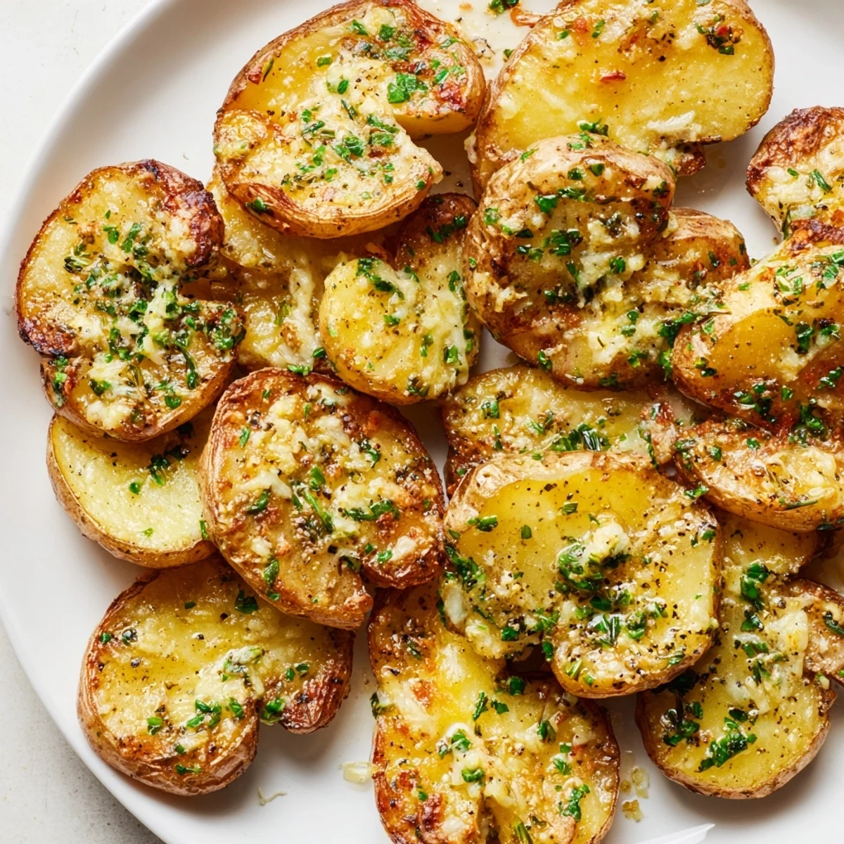 Golden-brown edges and fluffy insides of Parmesan Smashed Potatoes, seasoned and ready to serve.