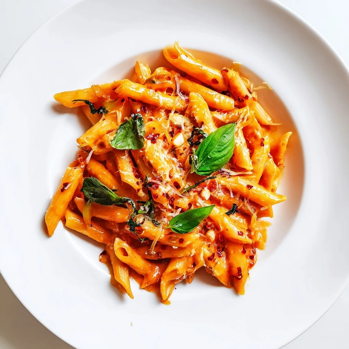 Steaming bowl of Basil Garlic One-Pot Creamy Tomato Pasta, garnished with fresh basil leaves.