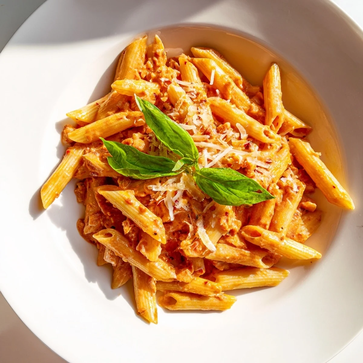 Close-up of the flavorful Basil Garlic One-Pot Creamy Tomato Pasta, showcasing creamy texture.