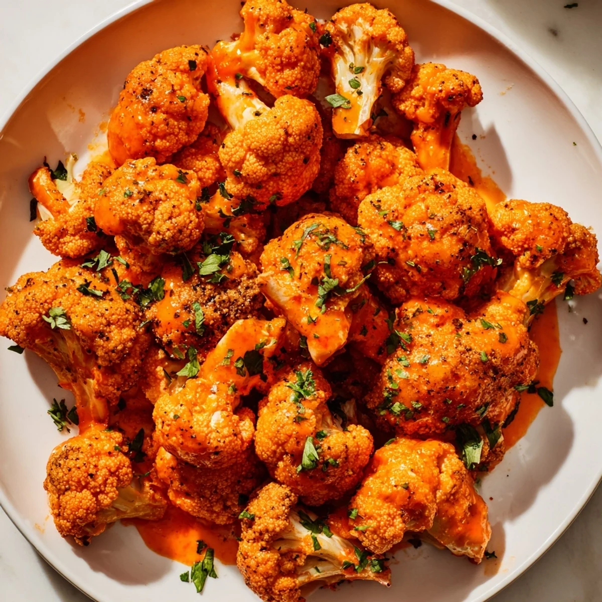 Crispy Sriracha-Buffalo Cauliflower Bites smothered in a vibrant, glossy sauce, ready to serve and enjoy.