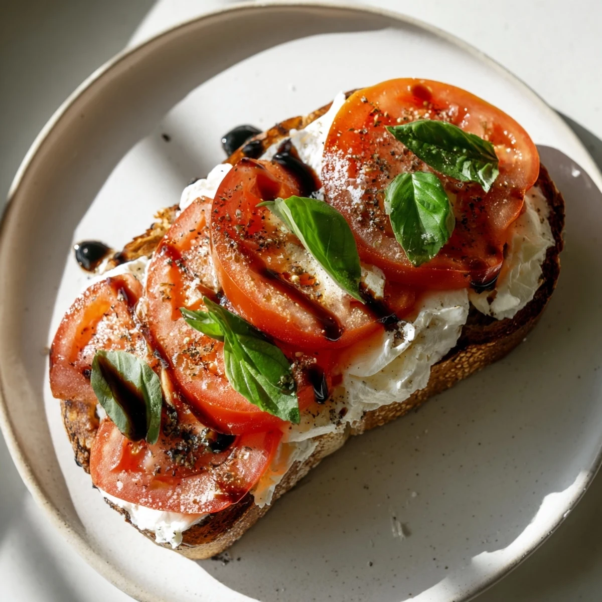See the rustic Tomato Burrata Toast, with vibrant red tomato slices and soft, white cheese.