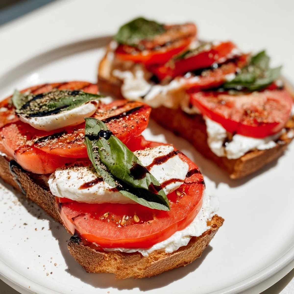 Enjoy the simple pleasure of Tomato Burrata Toast: olive oil, basil, and a perfect, crisp sourdough base.