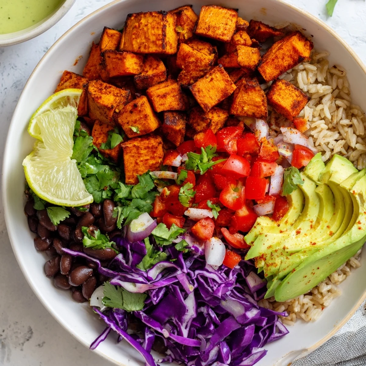 Golden roasted sweet potatoes and colorful vegetables star in these delicious taco bowls.