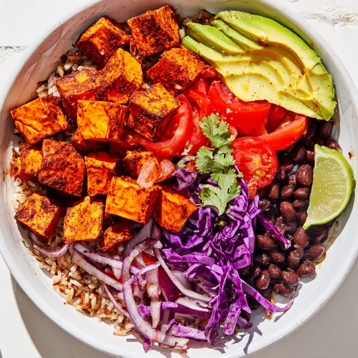 A close-up of a flavorful sweet potato taco bowl, a healthy and satisfying vegan meal.