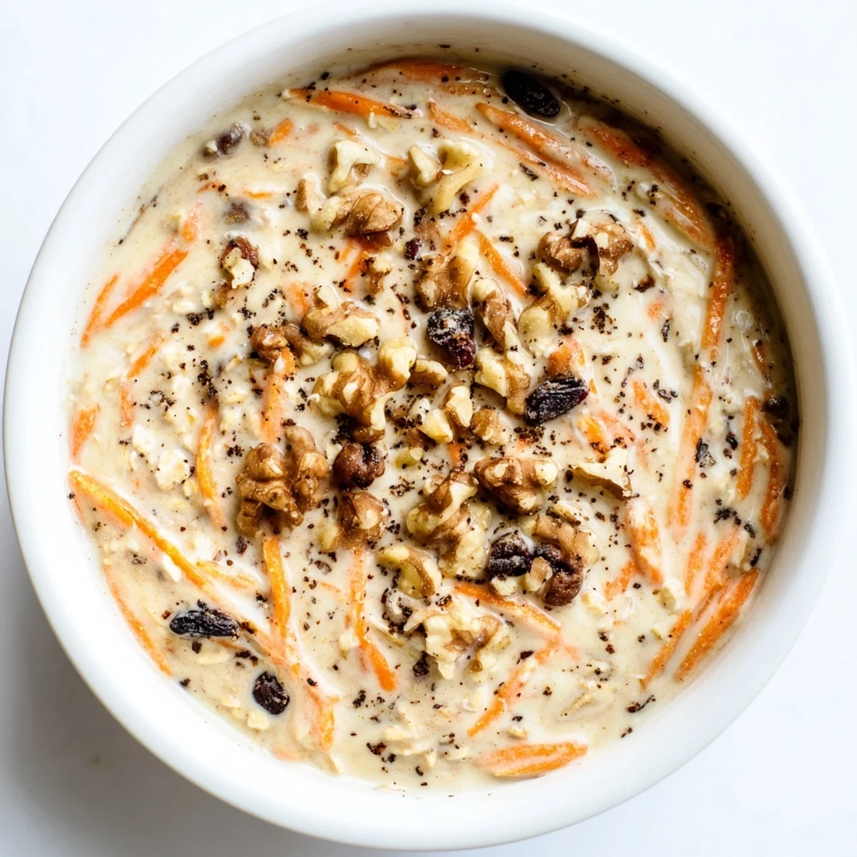 Creamy Carrot Cake Overnight Oats, layered beautifully with grated carrots and a sweet maple syrup drizzle.