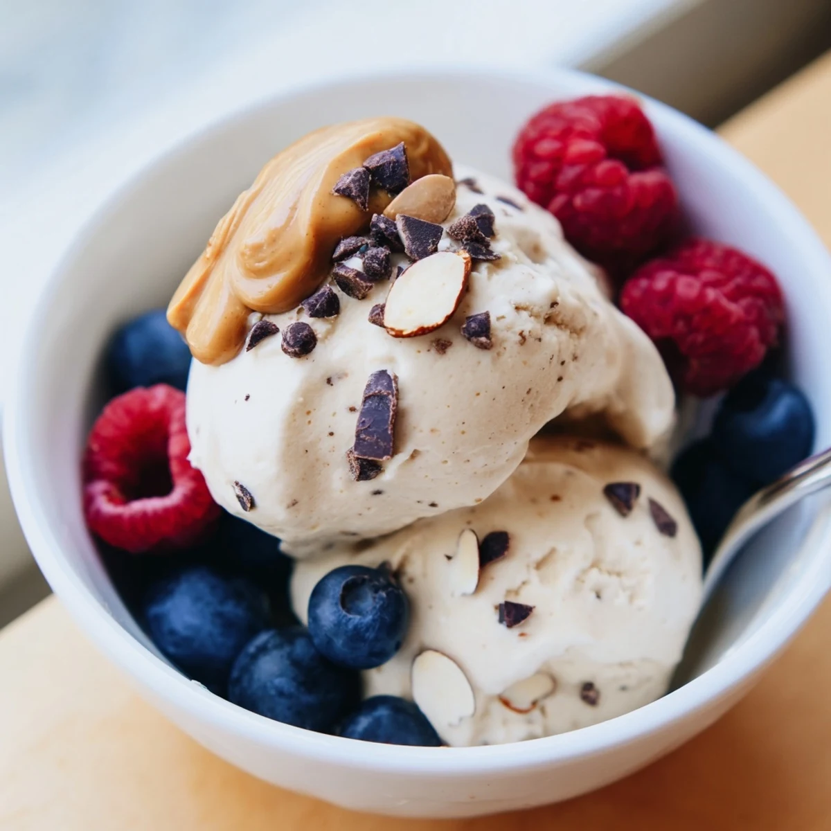 Homemade protein ice cream bowl, showing a perfect texture and tempting toppings for a simple dessert.