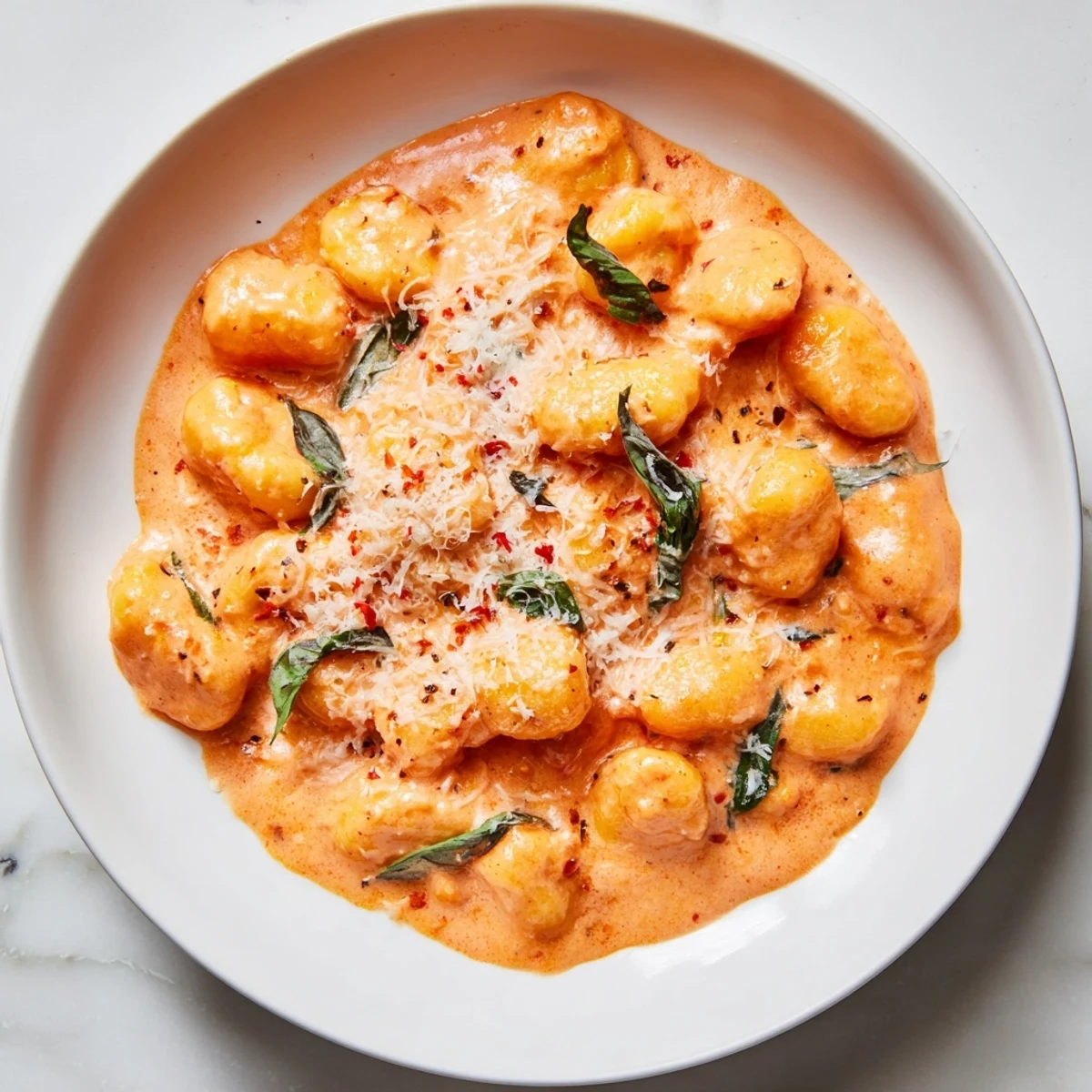 A bowl of Creamy Tomato Gnocchi, garnished with fresh basil and Parmesan cheese, tempting you!