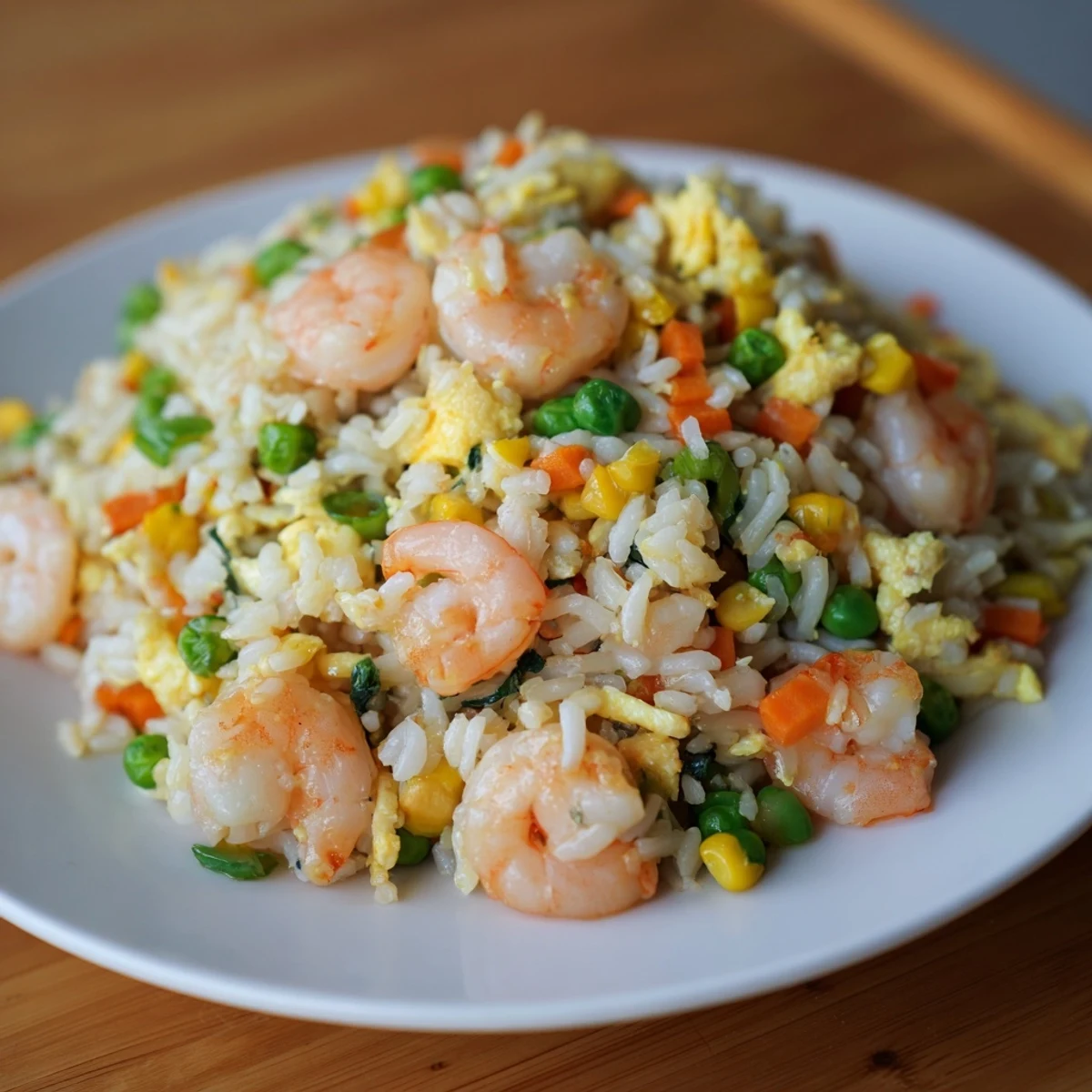 Golden shrimp fried rice, steaming hot, garnished with fresh scallions, ready to eat.