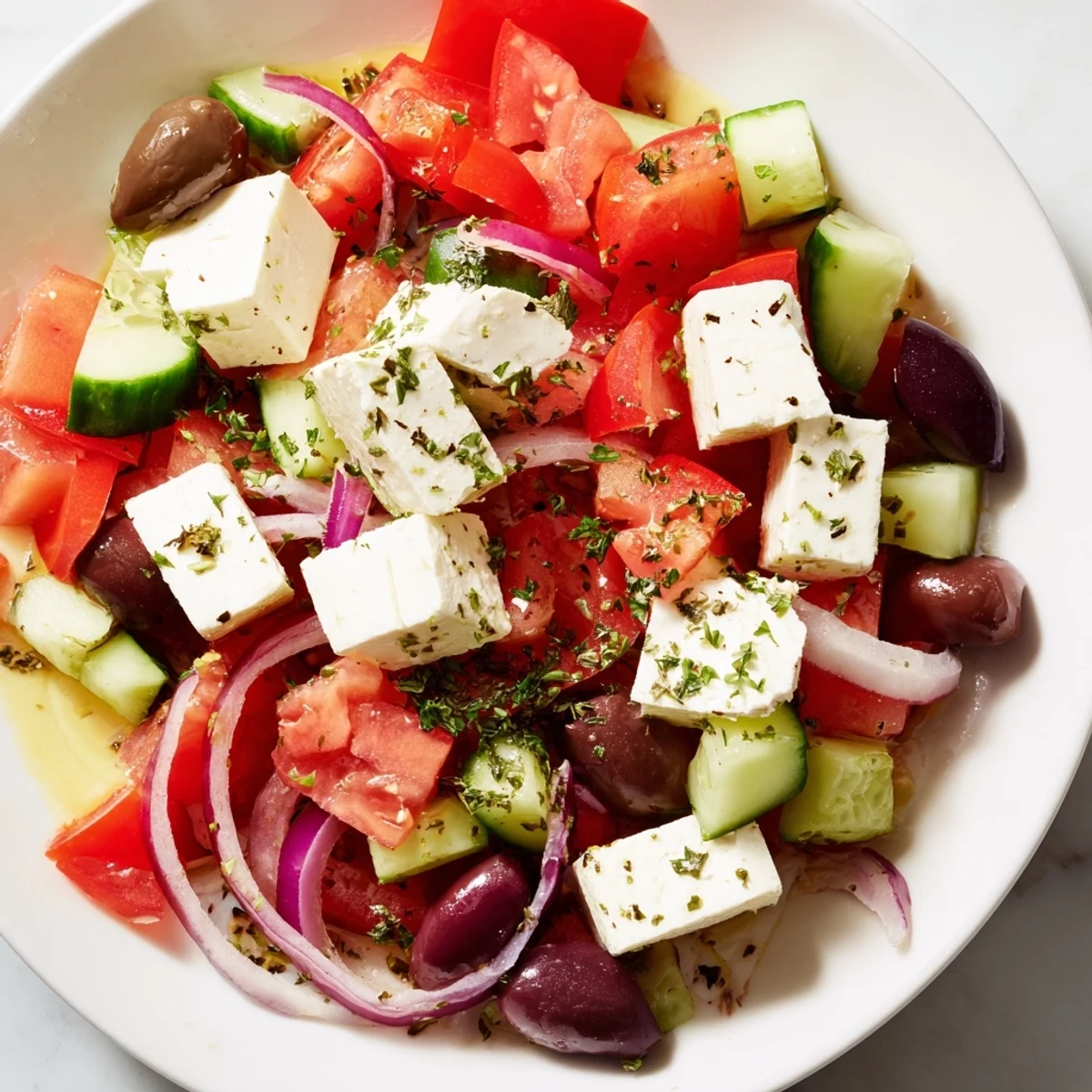 Close-up view of the simple yet flavorful Mediterranean salad, perfect for a light lunch.