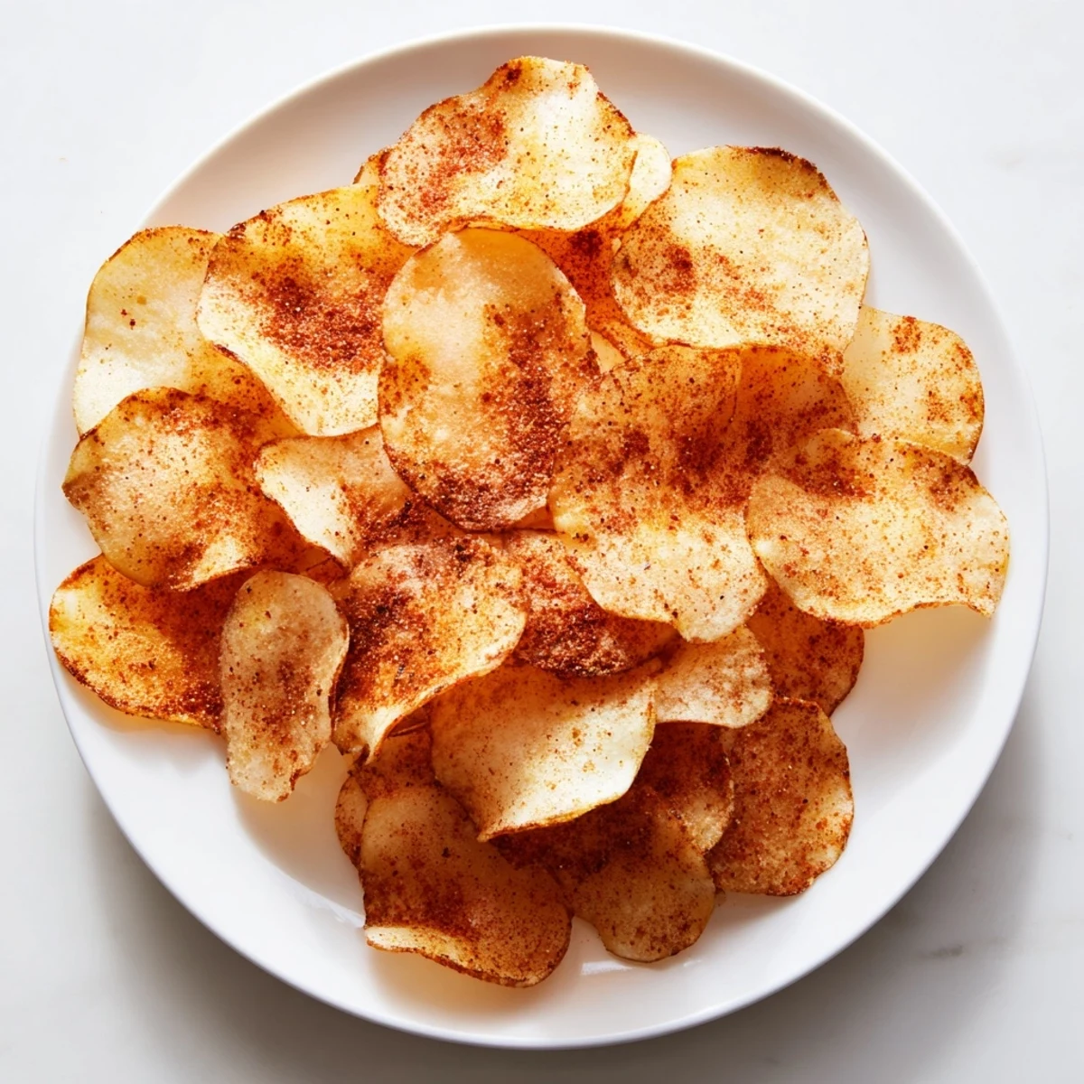 Crispy homemade air-fryer potato chips, golden brown and perfectly seasoned for a satisfying crunch.