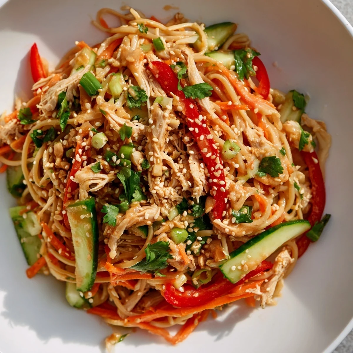 Chilled Chicken Noodle Salad boasts colorful crisp veggies with tender chicken, a perfect meal.