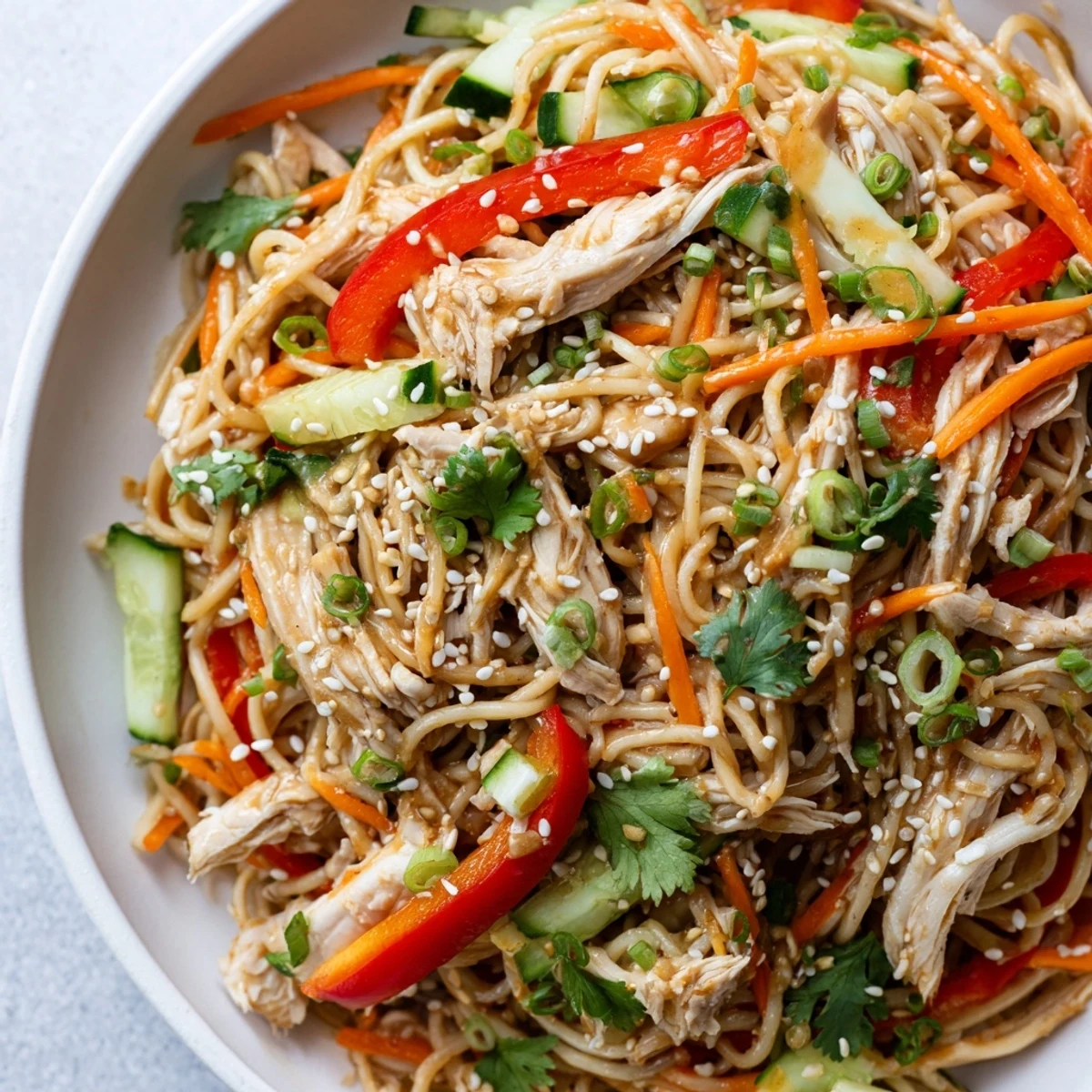 Imagine a refreshing bowl of Chilled Chicken Noodle Salad, a perfect meal on a hot day.