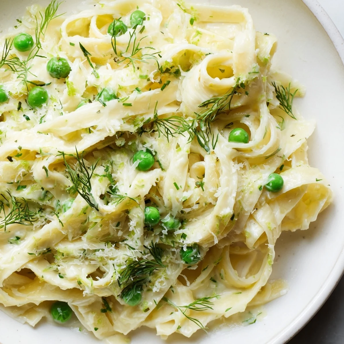 This inviting image shows the finished Creamy Dill Pasta dish, ready for serving with optional garnishes.