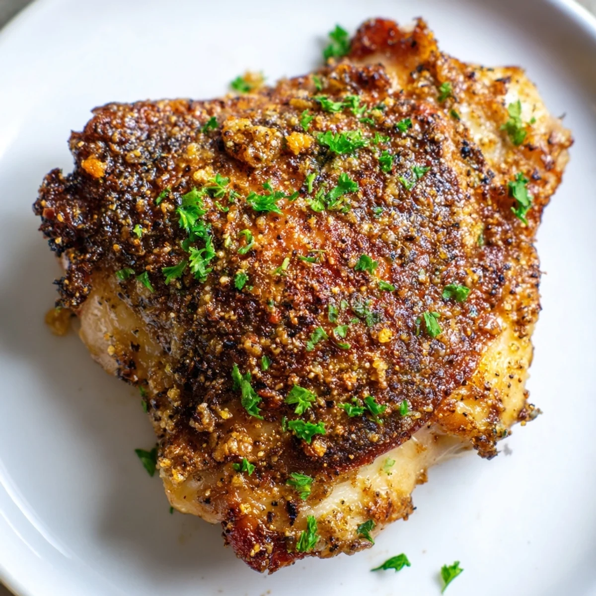 Enjoy delicious Crispy Garlic Chicken Thighs served garnished, imagining the enticing aroma wafting from the plate.