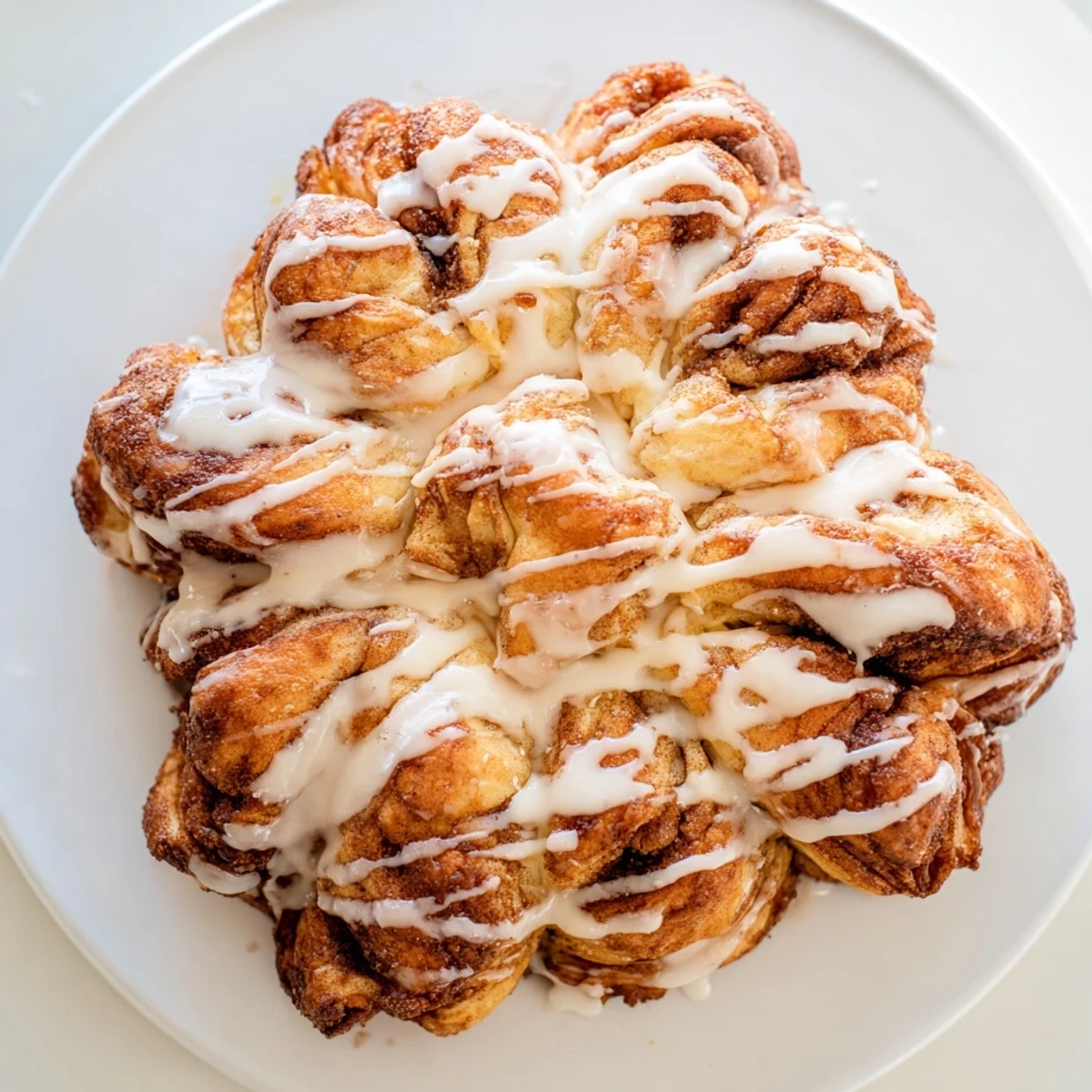 A close-up of a warm, golden Cinnamon Roll Pull-Apart Snowflake with sweet vanilla icing drizzled on top..