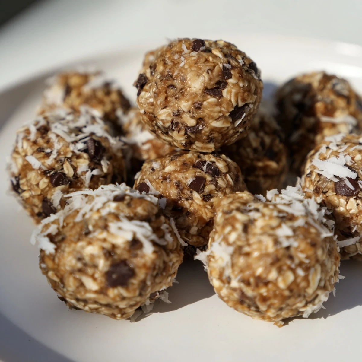 Golden-brown Almond-Chia Energy Bites ready to eat, a perfect healthy snack on a plate.