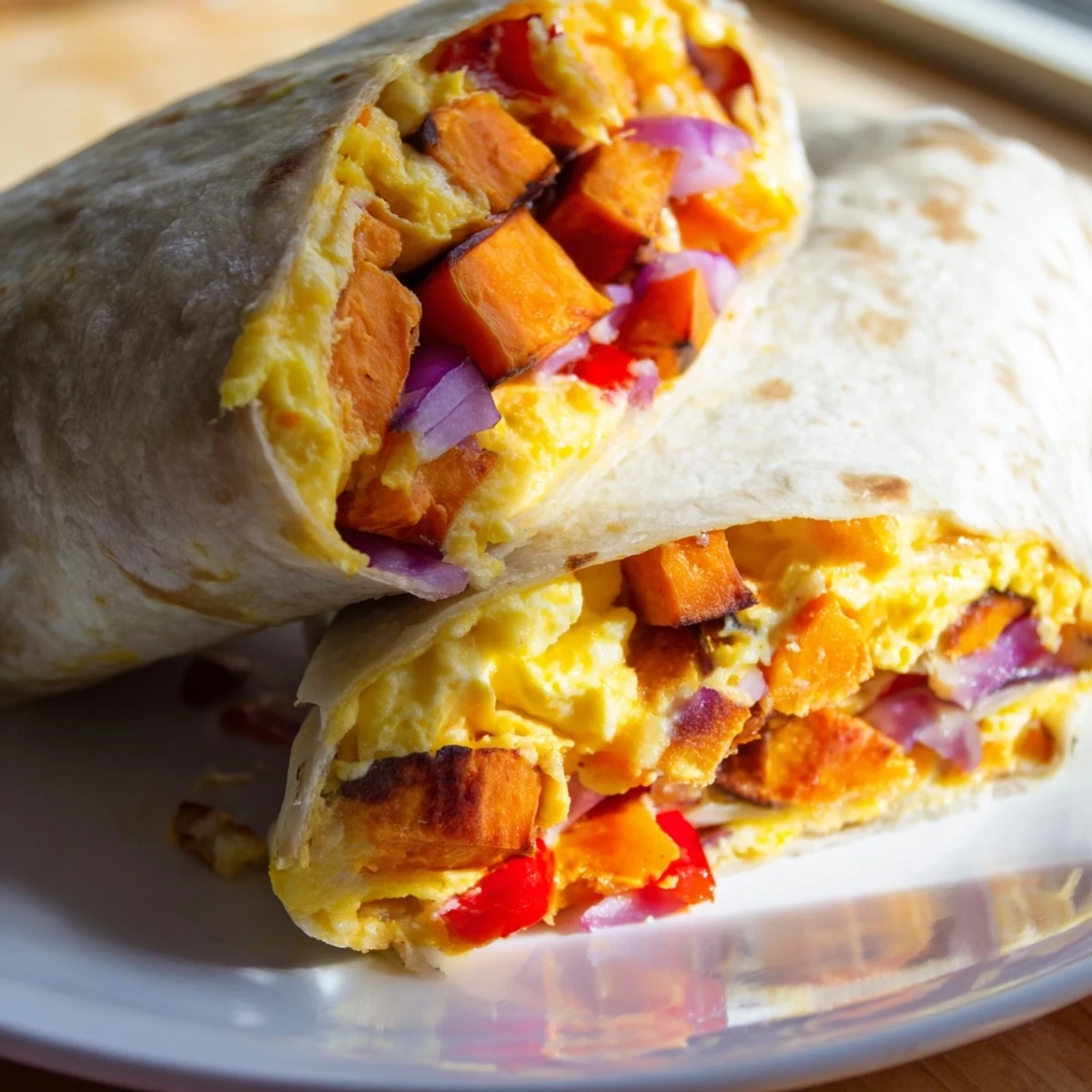 Warm and cheesy sweet potato breakfast burritos, showcasing fluffy scrambled eggs and roasted veggies, ready to eat.