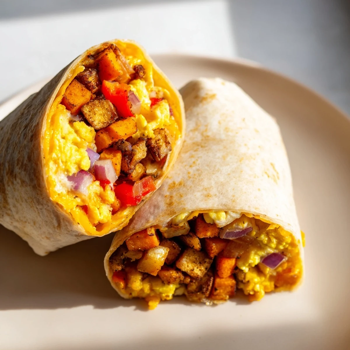 A close-up of delicious sweet potato breakfast burritos: filled with savory ingredients and tightly sealed for eating or storage.